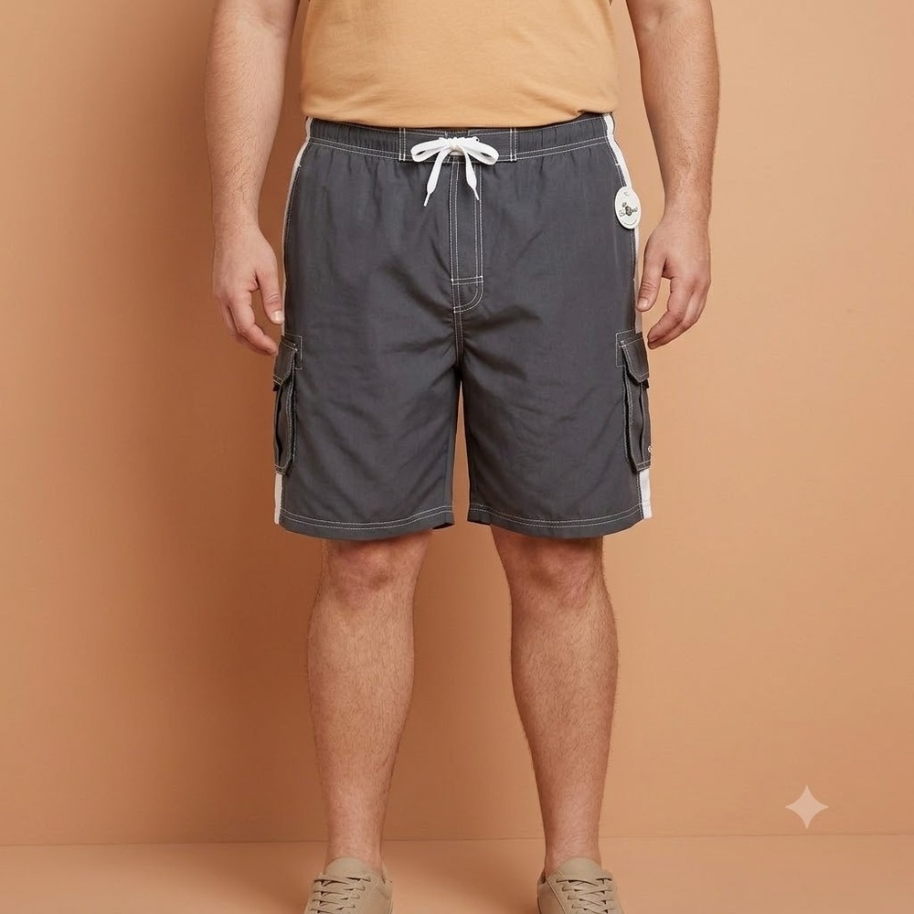 Island Planet Cargo Swim Trunks Mens XL 40/42 Grey White Mesh Lined NWT